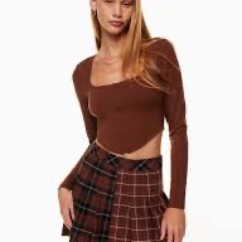 Aritzia Sunday Best Maverick Cognac Cropped Zip Front Long Sleeve Top Sz M